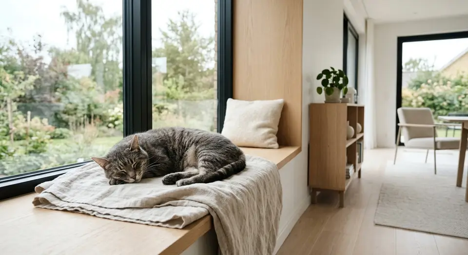 Ältere graugetigerte Katze schläft auf einem hellen Leinenplaid auf einer Fensterbank in einem modernen, hellen Wohnzimmer