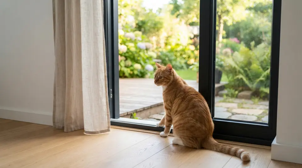 Rote Tabby-Katze sitzt zögernd an der offenen Terrassentür eines hellen Wohnzimmers und schaut in den sonnigen Garten