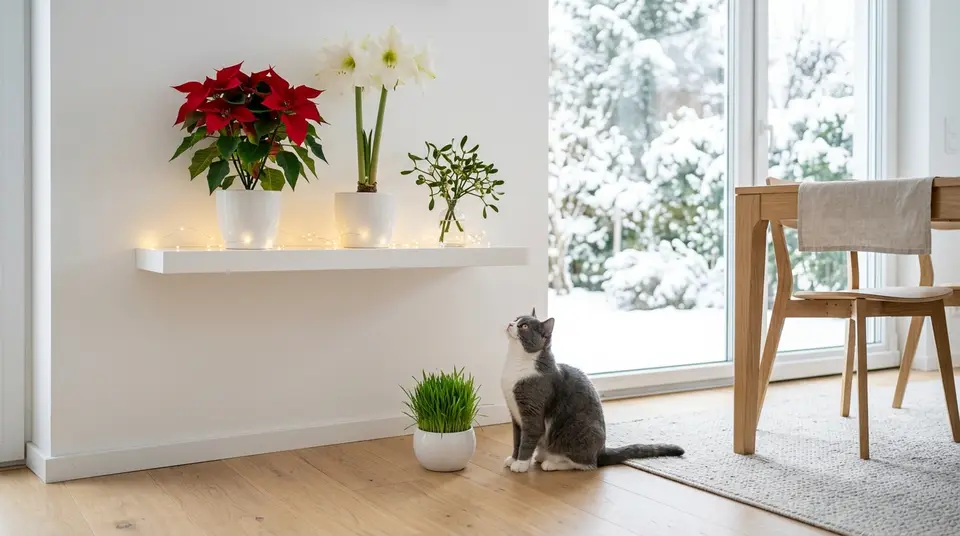 Weihnachtsstern, weiße Amaryllis und ein Mistelzweig stehen auf einem hohen Wandregal, darunter sitzt eine grau-weiße Katze neben Katzengras und schaut hinauf