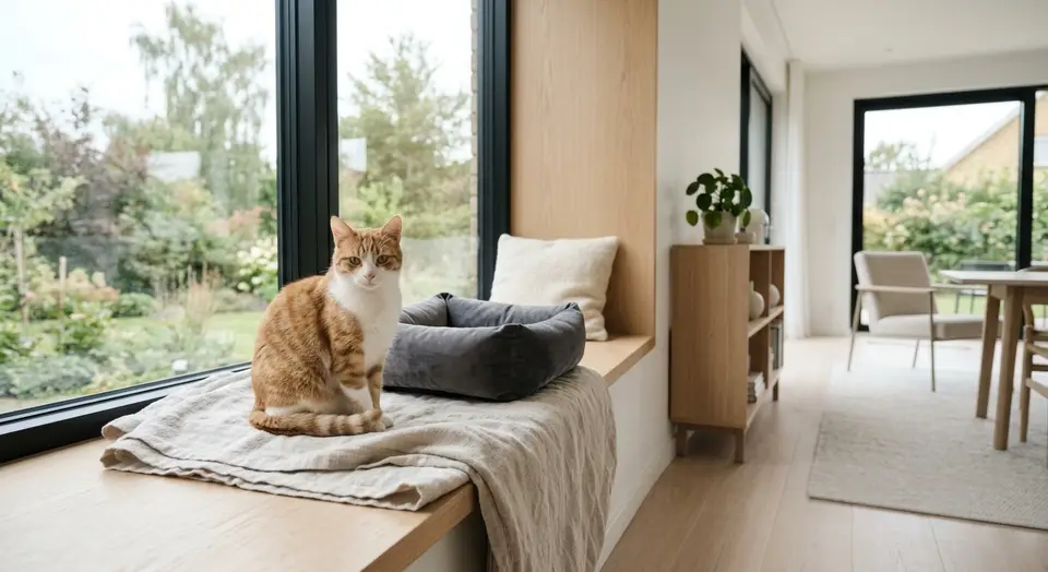 Rot-weiße Katze sitzt ruhig neben einem leeren grauen Katzenbett auf einer Fensterbank in einem hellen, modernen Wohnzimmer