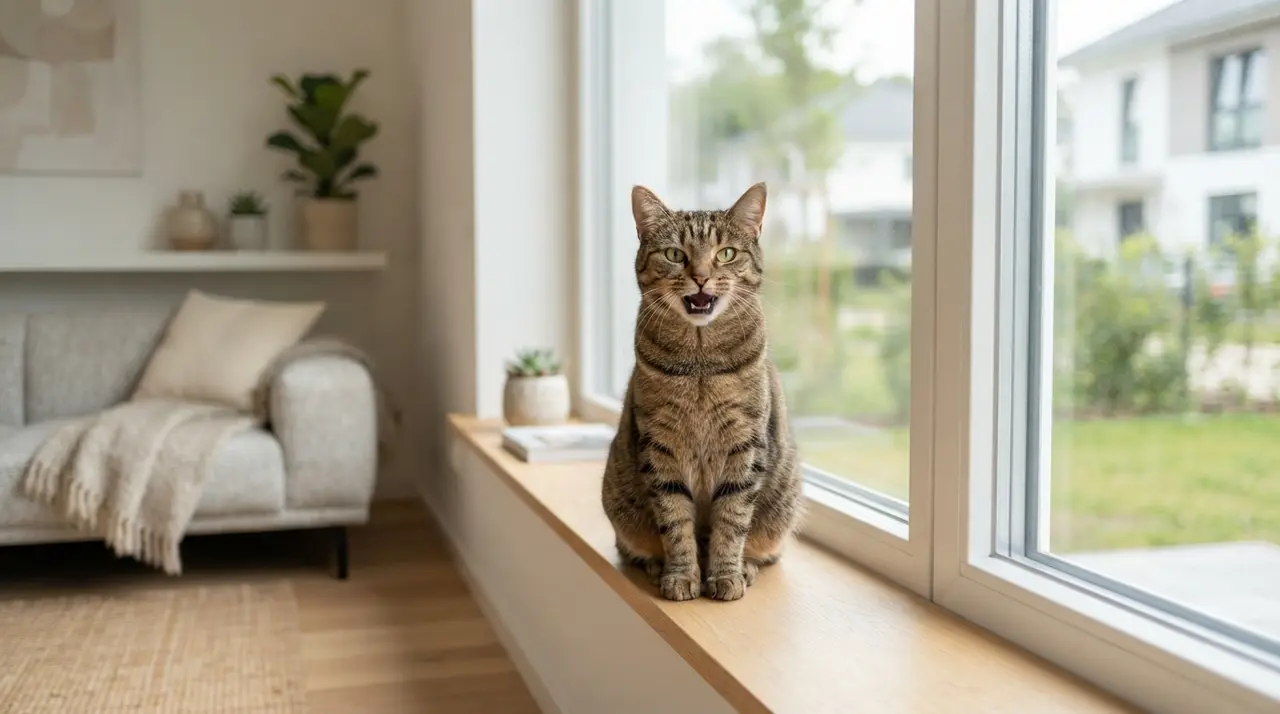 Getigerte Katze sitzt auf einer Fensterbank und miaut mit leicht geöffnetem Maul