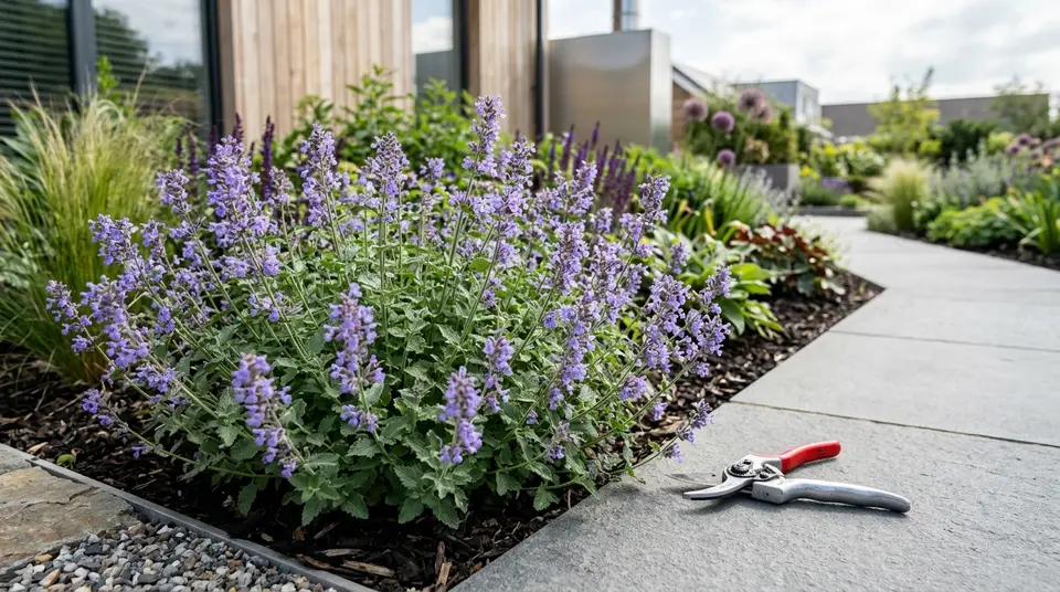 Blühende Katzenminze mit lavendelblauen Blüten in einem modernen Gartenbeet, daneben eine Gartenschere auf einem Stein