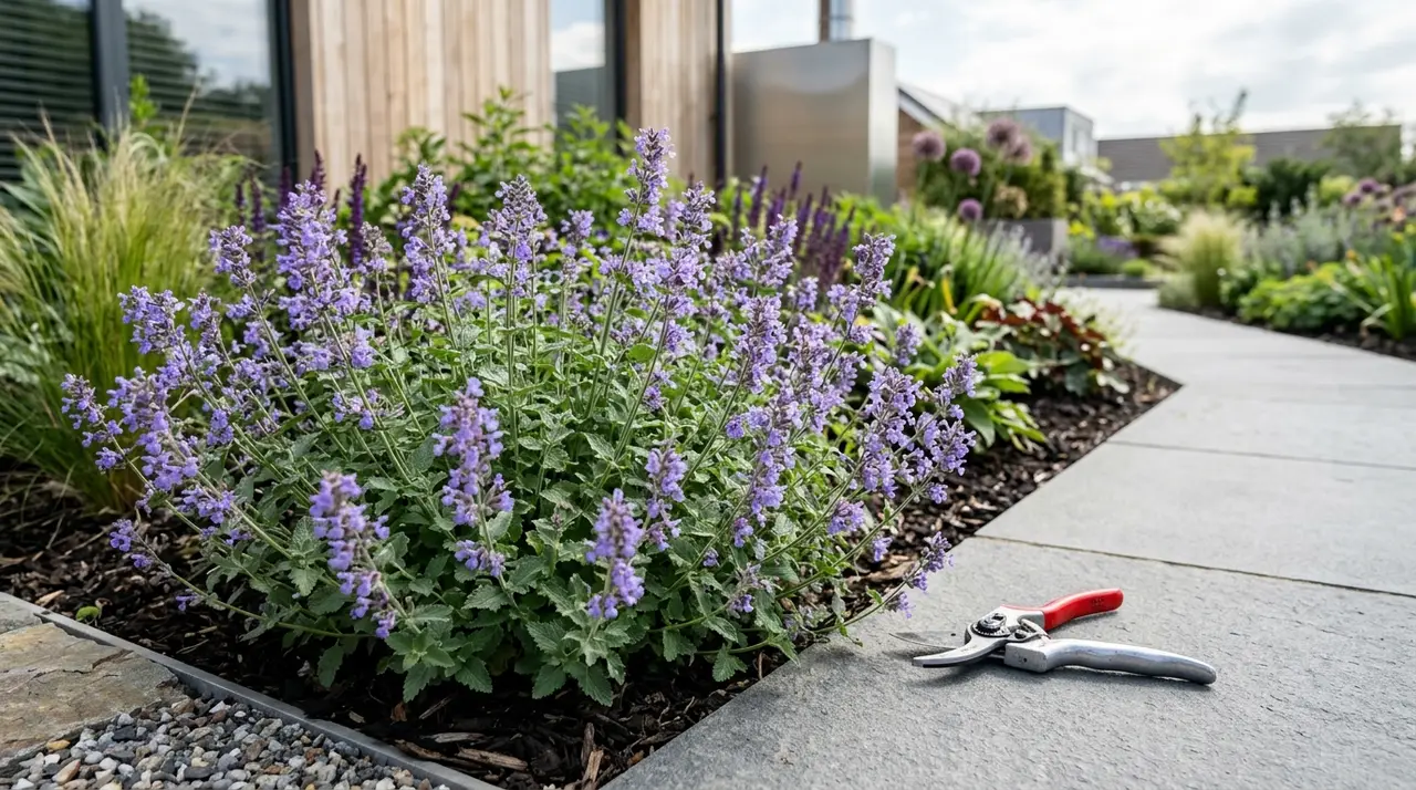Blühende Katzenminze mit lavendelblauen Blüten in einem modernen Gartenbeet, daneben eine Gartenschere auf einem Stein