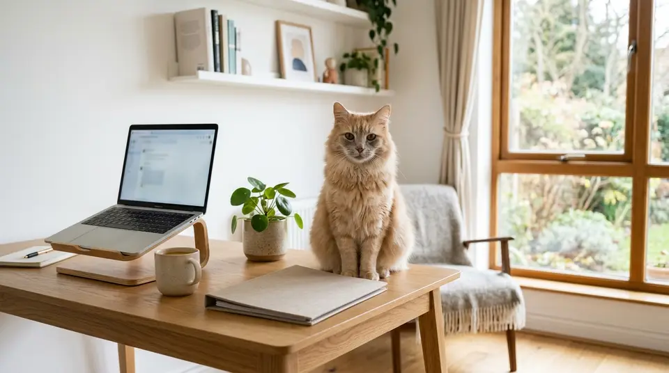 Cremeorange Katze mit leicht grauer Schnauze sitzt auf einem hellen Schreibtisch neben Laptop, Unterlagenmappe und Pflanze
