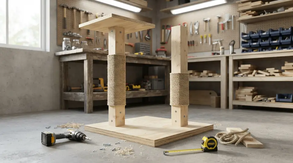 Selbstgebauter Kratzbaum in der Werkstatt: Holzplatte mit zwei teilweise mit Sisal umwickelten Kanthölzern