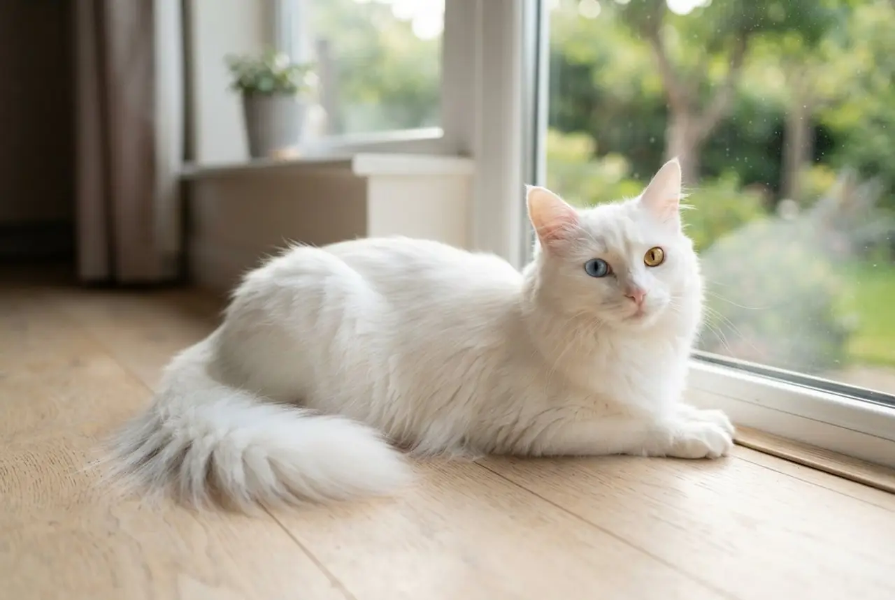 Weiße Türkisch Angora mit einem blauen und einem gelben Auge liegt am sonnigen Fenster