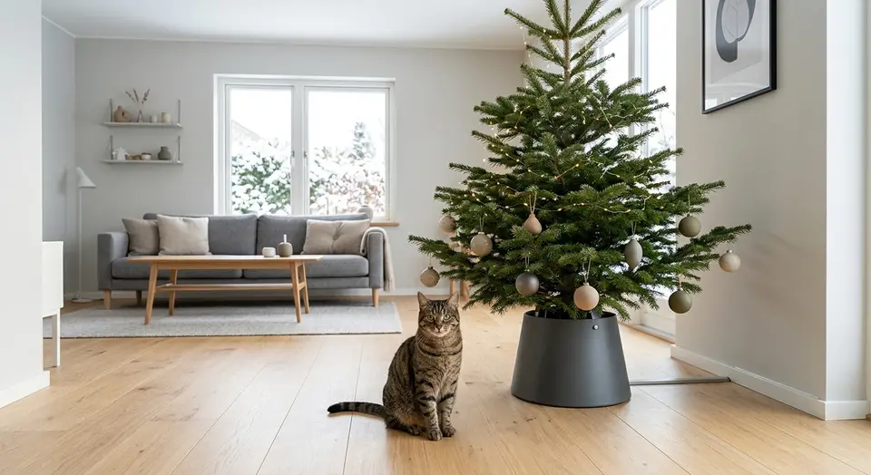Getigerte Katze sitzt vor einem geschmückten Weihnachtsbaum in festem Ständer, unten nur wenige bruchsichere Kugeln, helles modernes Wohnzimmer