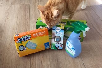 Clio beschnuppert das Paket von Swiffer & Febreze
